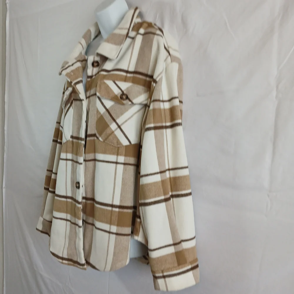 Love Tree Tan and Cream Plaid Utility Jacket Sz 1X Casual Cabin Work Outdoor